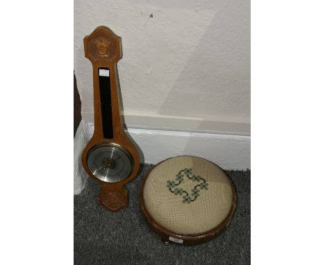 A SMALL VICTORIAN CIRCULAR FOOTSTOOL and a barometer