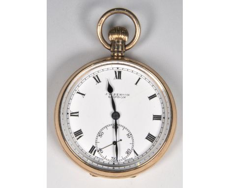 A 9CT GOLD POCKET WATCH by J W Benson of London with enamel dial, top wind mechanism and Swiss movement
