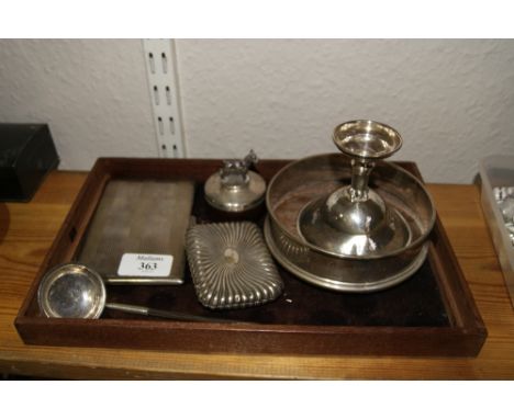 TWO SILVER CIGARETTE CASES, a silver bottle coaster, a small silver dish, a toddy ladle and a small wood and silver box with 
