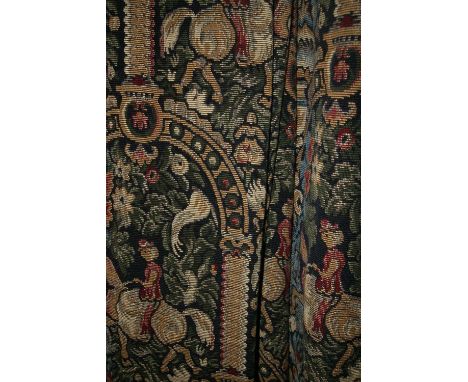 TWO PAIRS OF TAPESTRY STYLE COUNTRY HOUSE CURTAINS, lined, and pelmets