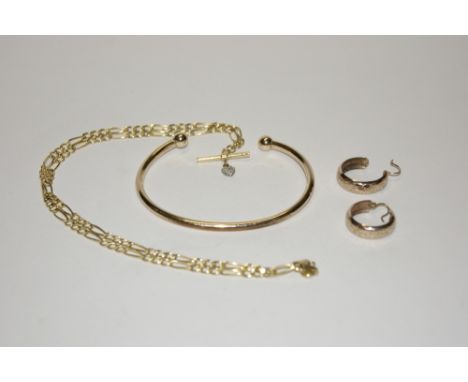 A 9CT GOLD MINIATURE HEART SHAPED PENDANT with link chain together with a yellow metal bangle and a pair of earrings