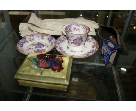 A SMALL COLLECTION to include kid gloves, coins, a Moorcroft box, an enamel match case and a Victorian Cauldon porcelain trio