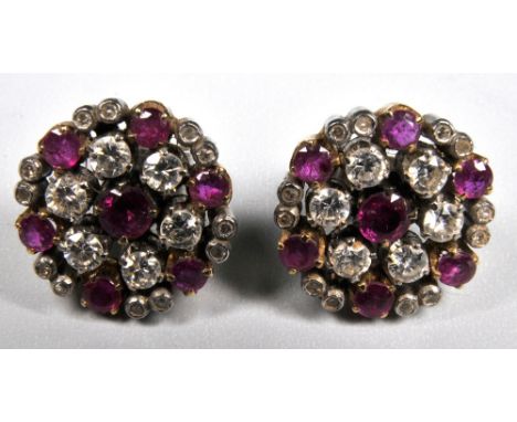 A PAIR OF EARRINGS with geometric ruby and diamond settings and coloured metal mounts