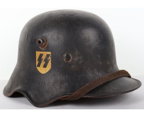 Allgemeine-SS Double Decal M-18 Ear Cut Out Steel Helmet, being the WW1 style with black paint finish, SS and party shield de