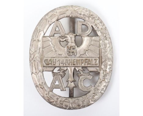 Third Reich Gau Rheinpfalz ADAC Award, silver example with pin and catch fixing to the reverse. Maker marked “F MANHEIM K LAU