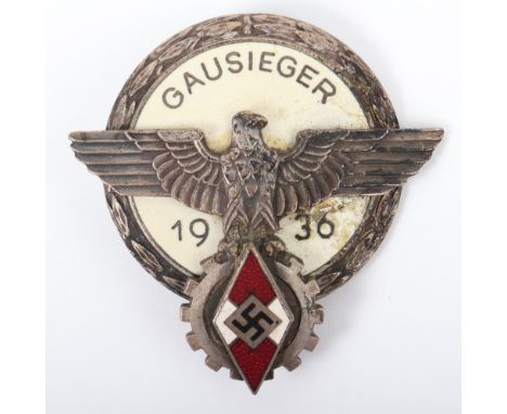 Third Reich Hitler Youth Gausieger 1936 Badge, with enamel backing and enamel HJ diamond. Pin and catch fixing to the reverse