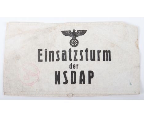 Third Reich Einsatzsturm der NSDAP Armband, printed white cotton armband with black NSDAP pattern eagle above “Einsatzsturm d