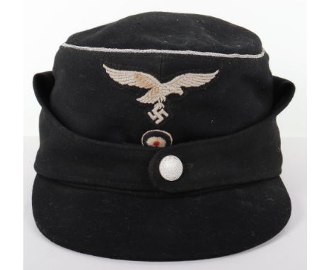 Luftwaffe Herman Goring Panzer Division Officers M-43 Cap, black wool body with aluminium wire piping to the crown. Single bu