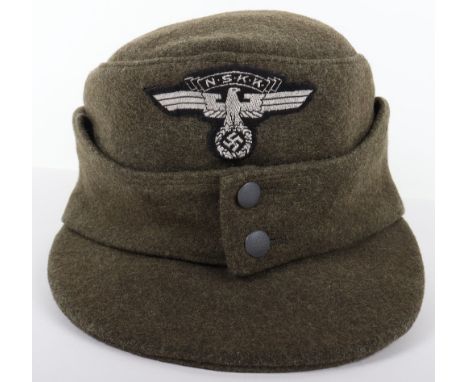 Third Reich NSKK M-43 Field Cap, field grey wool body cap with metallic weave organisation insignia to the front and two pebb