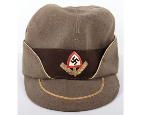 Third Reich RAD Labour Service Leaders Cap, light brown wool cap known as the “Robin Hood” cap with gilt piping to the curtai