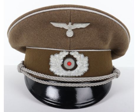 German Army Transport Group Speer Officers Peaked Cap, light brown wool body with brown central band. Officers aluminium wire