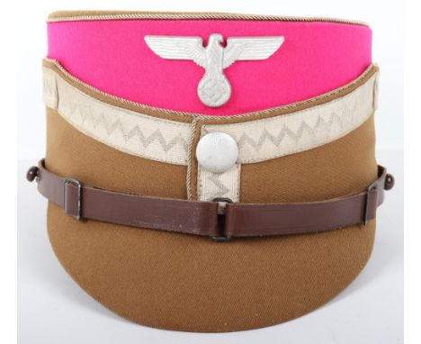 Third Reich SA Leadership Staff Kepi, light brown cloth kepi with carmine top section, piped in twist cord with thick brocade