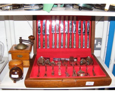 A canteen of cutlery, together with Peugeot Freres coffee grinder and other treen 