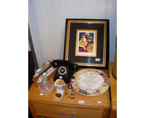 Assorted cruise ship memorabilia, together with vintage phone and Limited Edition Serigraph by Patricia entitled 'Lady By The