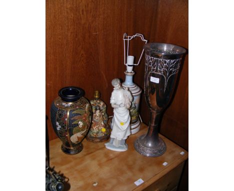 A 50cm high metal vase, hand painted ceramic table lamp, two figurines and a Satsuma vase 