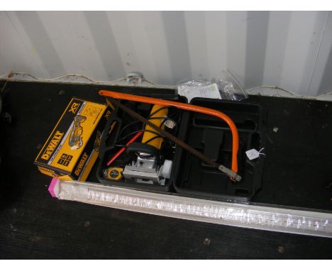 A Dewalt DCS355N multi-tool, an Einhell biscuit joiner, rules and saw