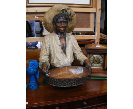 A terracotta and painted bust-length blackamoor figure, early 20th century, in the manner of Goldscheider, the man in a straw