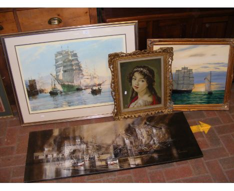 A MONTAGUE DAWSON print of tall ship - entitled 'The Thermopylae Leaving Foochow', together with an oil on board by READ, a c