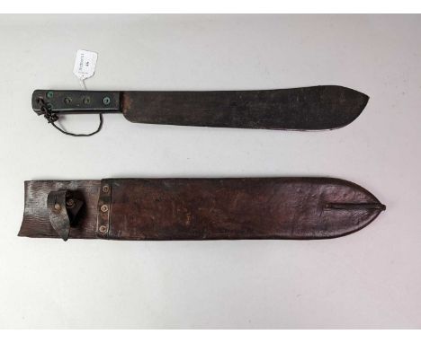 CANADIAN MILITARY ISSUE MACHETE, WWII PERIOD the steel blade stamped J.J.B. 1943 and broad arrow, two piece grip, the leather