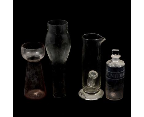 Two boxes of glass bottles and vases, to include J W Bright Rushden; C R Owen Carnarvon; W A Hope Wellingboro; chemist's bott