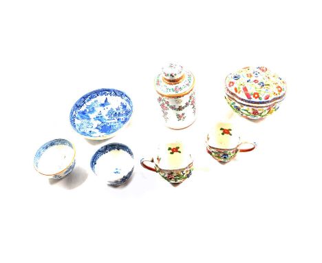 Samson 'Chinese armorial' cylindrical tea caddy, polychrome decoration, 13cm; quatrefoil-shape covered bowl; two cups and a C