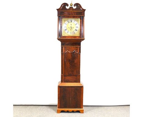 George III mahogany longcase clock, the hood with brass finial, swan neck pediment, turned columns, trunk with short door, bo