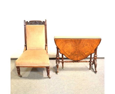 Victorian burr walnut Sutherland table, shaped oval top with two drop leaves, turned legs and rail, scrolled feet, 90x17cm, h