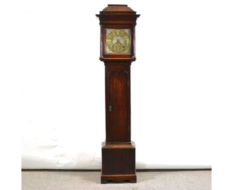 Oak longcase clock, the hood with cavetto moulded cornice and engaged columns, trunk with long arched mahogany crossbanded do