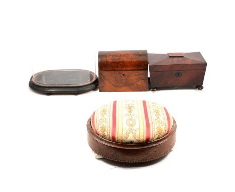 Two Victorian glass domes, on plinths, another plinth, Victorian mahogany tea caddy and a walnut tea caddy and a Victorian wa