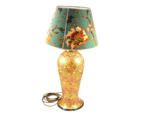 Indian paper mache table lamp, baluster form, with printed shade, overall height 79cm.Condition report:Some slight bruising t
