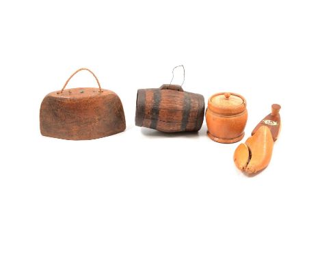 A three-tier folding cake stand, 95cm; two cow bells; three wooden shoe lasts; two small wooden barrels with metal banding; w