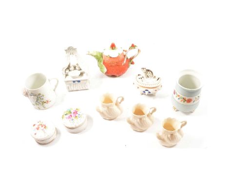 Royal Worcester novelty pepperette, modelled with an owl, 11cm; Spanish model of a boy satyr on a goat; and other decorative 