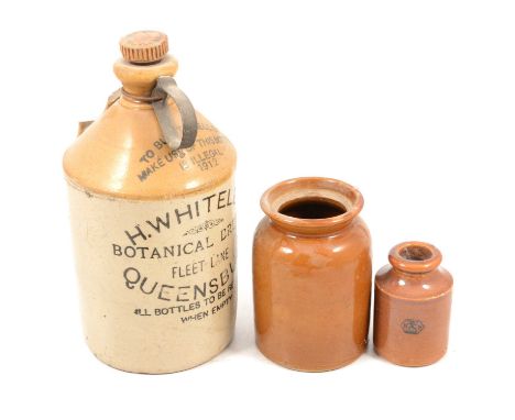 A collection of stoneware flagon and smaller bottles, to include 1 gallon flagon; H Whiteley Botanical Brewer Fleet Lane Quee