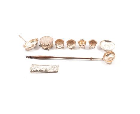 A white metal toddy ladle, set with George II sixpence (1739), wooden handle; another white metal ladle bowl; a silver pin di