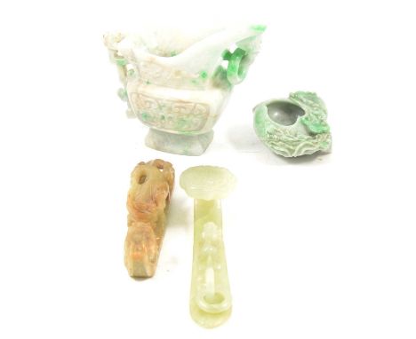 Four Chinese carved items, including two jade-effect belt hooks12cm and 13.5cm, a small pot in the form of creatures around a