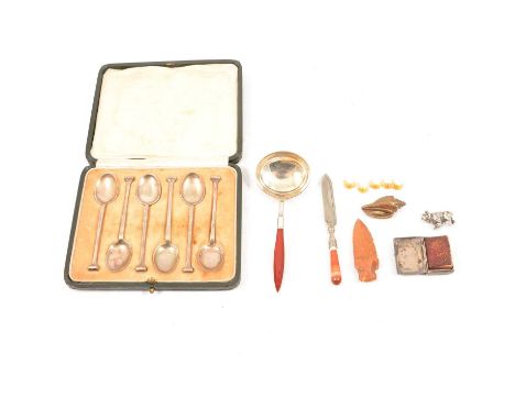 Set of six silver coffee spoons, John Sanderson &amp; Son, Sheffield 1922, seal tops, cased, a white metal book mark with aga