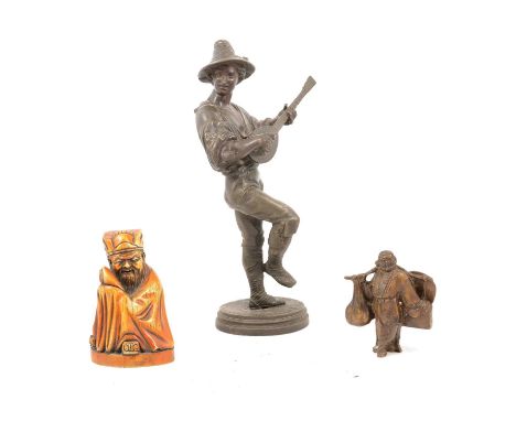 Bronzed figure of a boy playing a flute, 23cm, on a marble plinth, Spelter figure, resin figure, etc.