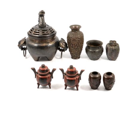 Modern Chinese metal censer, kylin finial and elephant handles, 30cm, a pair of censers, various vases.Condition report:Large