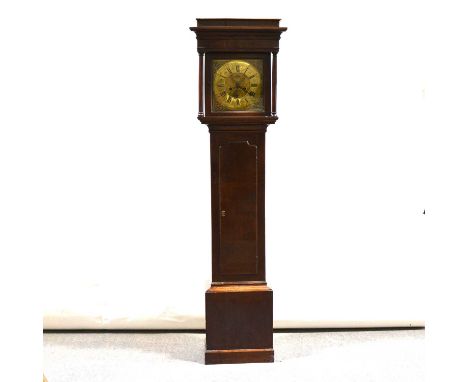 Oak longcase clock, the hood with cavetto cornice and turned columns, trunk with long door, plinth base, twelve inch square b