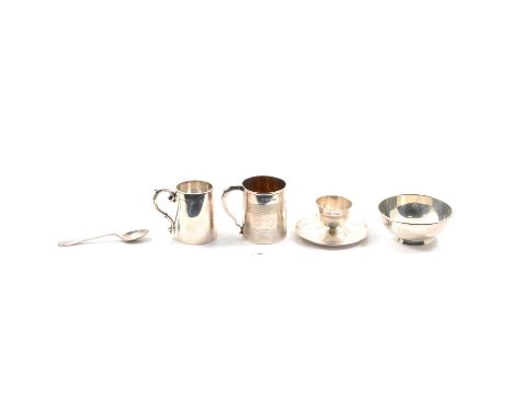 Two silver christening mugs, a George III straight sided mug with reeded bands and gilded interior, London 1812, 7cm, applied