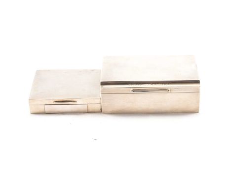 Two silver engine turned cigarette/jewel boxes, cedar lined, S J Rose, London 1926, 14x9x5cm, engraved "M.L.F. 1912-1937"; Bi