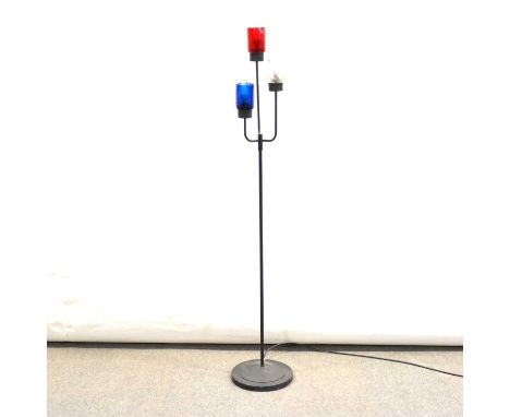 Standard lamp, black metal stand with three Murano style shades, height 145cm.