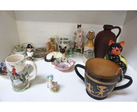 MIXED LOT OF CERAMICS including a Doulton Lambeth Ware black ground twin handled vase decorated with Egyptian figures, Bursle