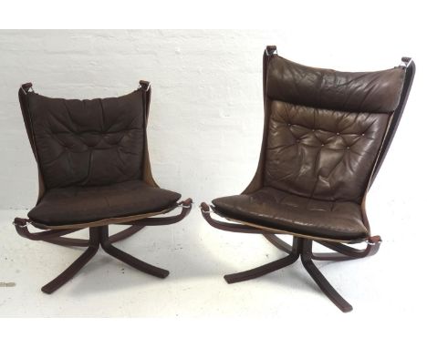 VINTAGE FALCON CHAIRS BY 'SIGURD RESELL FOR VANTE MOBLER'set of two, both in brown button back leather, one high back and one