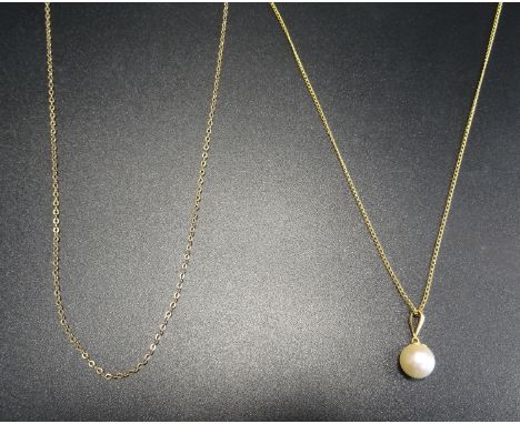 PEARL DROP PEANDANT in unmarked gold mount and on nine carat gold chain; together with another nine carat gold chain 