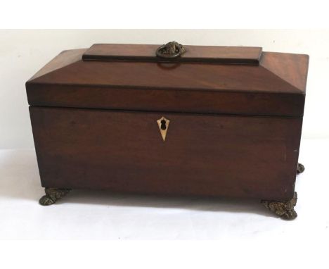 GEORGE III MAHOGANY SARCOPHAGUS TEA CADDYthe lid with a lion mask and ring handle, the interior with later lidded compartment