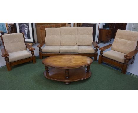 OAK FRAMED SUITE OF FURNITUREcomprising of one three seat sofa and two single seats with button back cushions; along with an 