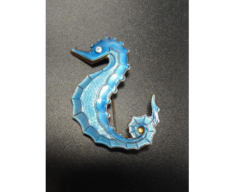 DAVID ANDERSEN ENAMEL DECORATED SILVER GILT SEAHORSE BROOCHwith blue enamel decoration, marked 'David - Andersen, Norway, Ste