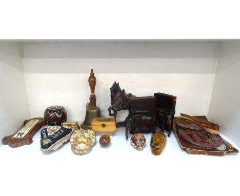 MIXED LOT OF COLLECTABLESincluding a hand held bell, pair of carved elephant bookends, pottery horse, gold painted lion mask 