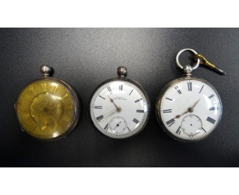THREE LATE 19th CENTURY SILVER CASED POCKET WATCHESone with Roman numerals laid on decorative dial, with subsidiary dial, Che